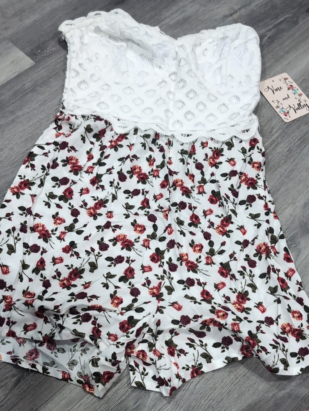 White Floral Lace Bust with Red Rose Print